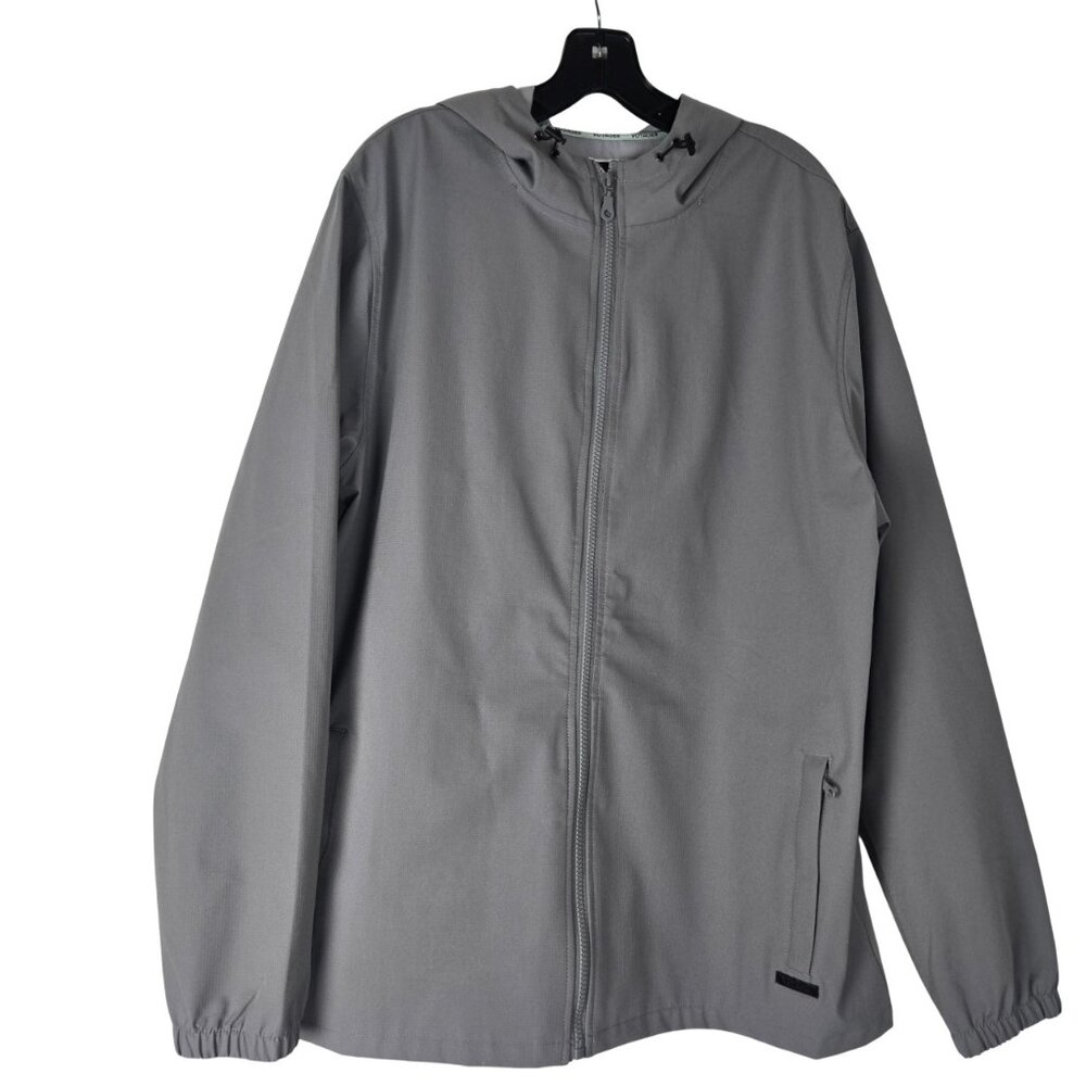 Voyager Men L Light Gray Rain Windbreaker Hooded Jacket Like New Zip Pockets